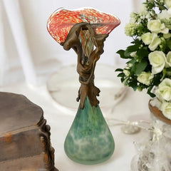 Signed Romanian Handblown Art Glass Vase | Green & Red-Orange with Copper Overlay | 1990s
