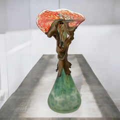 Signed Romanian Handblown Art Glass Vase | Green & Red-Orange with Copper Overlay | 1990s