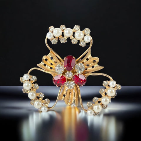 Vintage Scitarelli Red & Clear Rhinestone Faux Pearl Floral Brooch Pendant – 1940s Elegance