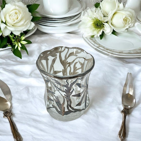 Vintage Art Nouveau Silver Overlay Glass Small Vase/Toothpick Holder