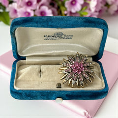 Vintage sunburst brooch with pink and clear rhinestones set in gold tone metal, featuring pointed petal-like rays and a central cluster of pink stones, photographed front and back to highlight its 1980s design and secure clasp.