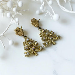 Vintage Tancer II Christmas tree earrings with faux pearls and AB rhinestones, gold-tone pierced dangle design, signed and festive.