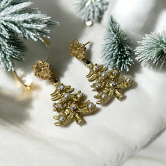 Vintage Tancer II Christmas tree earrings with faux pearls and AB rhinestones, gold-tone pierced dangle design, signed and festive.