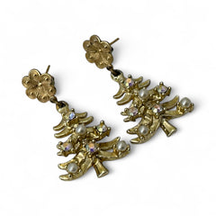 Vintage Tancer II Christmas tree earrings with faux pearls and AB rhinestones, gold-tone pierced dangle design, signed and festive.