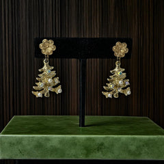 Vintage Tancer II Christmas tree earrings with faux pearls and AB rhinestones, gold-tone pierced dangle design, signed and festive.