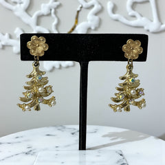 Vintage Tancer II Christmas tree earrings with faux pearls and AB rhinestones, gold-tone pierced dangle design, signed and festive.