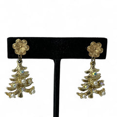 Vintage Tancer II Christmas tree earrings with faux pearls and AB rhinestones, gold-tone pierced dangle design, signed and festive.