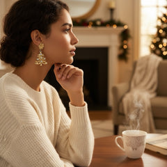 Vintage Tancer II Christmas tree earrings with faux pearls and AB rhinestones, gold-tone pierced dangle design, signed and festive.