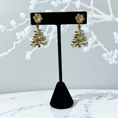 Vintage Tancer II Christmas tree earrings with faux pearls and AB rhinestones, gold-tone pierced dangle design, signed and festive.