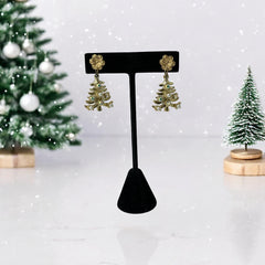 Vintage Tancer II Christmas tree earrings with faux pearls and AB rhinestones, gold-tone pierced dangle design, signed and festive.