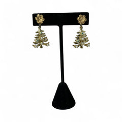 Vintage Tancer II Christmas tree earrings with faux pearls and AB rhinestones, gold-tone pierced dangle design, signed and festive.