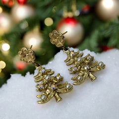 Vintage Tancer II Christmas tree earrings with faux pearls and AB rhinestones, gold-tone pierced dangle design, signed and festive.