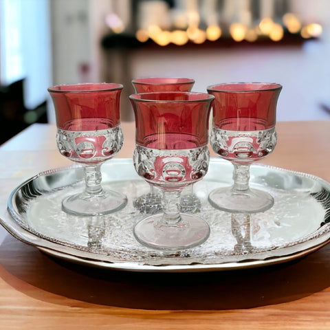 Vintage Tiffin Franciscan Kings Crown Ruby Thumbprint Glass Wine Glasses Set of 4