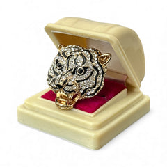 Gold-tone adjustable cocktail ring shaped like a tiger’s head, featuring clear rhinestones and black enamel detailing; ornate design with sparkling facial features and bold statement style, sourced in France and in very good condition.