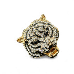 Gold-tone adjustable cocktail ring shaped like a tiger’s head, featuring clear rhinestones and black enamel detailing; ornate design with sparkling facial features and bold statement style, sourced in France and in very good condition.