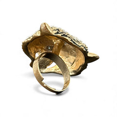 Gold-tone adjustable cocktail ring shaped like a tiger’s head, featuring clear rhinestones and black enamel detailing; ornate design with sparkling facial features and bold statement style, sourced in France and in very good condition.