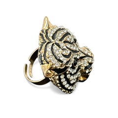 Gold-tone adjustable cocktail ring shaped like a tiger’s head, featuring clear rhinestones and black enamel detailing; ornate design with sparkling facial features and bold statement style, sourced in France and in very good condition.