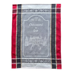 Provence tea towel featuring Châteauneuf-du-Pape winery chateau design with gray background and red and brown striped borders. Made of 100% cotton, ideal for wine-inspired kitchen decor and rustic elegance.