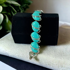Vintage Aqua Turquoise Plastic Oval & Silver Tone Link Bracelet | Lisner Style Bracelet | 1950s-1960s Thermoset Lucite Modernist Jewelry