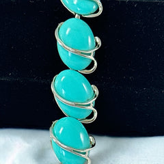 Vintage Aqua Turquoise Plastic Oval & Silver Tone Link Bracelet | Lisner Style Bracelet | 1950s-1960s Thermoset Lucite Modernist Jewelry