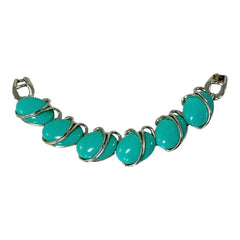 Vintage Aqua Turquoise Plastic Oval & Silver Tone Link Bracelet | Lisner Style Bracelet | 1950s-1960s Thermoset Lucite Modernist Jewelry