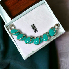 Vintage Aqua Turquoise Plastic Oval & Silver Tone Link Bracelet | Lisner Style Bracelet | 1950s-1960s Thermoset Lucite Modernist Jewelry