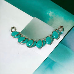Vintage Aqua Turquoise Plastic Oval & Silver Tone Link Bracelet | Lisner Style Bracelet | 1950s-1960s Thermoset Lucite Modernist Jewelry