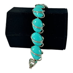 Vintage Aqua Turquoise Plastic Oval & Silver Tone Link Bracelet | Lisner Style Bracelet | 1950s-1960s Thermoset Lucite Modernist Jewelry
