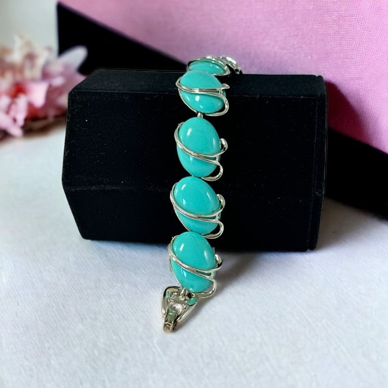 Vintage Aqua Turquoise Plastic Oval & Silver Tone Link Bracelet | Lisner Style Bracelet | 1950s-1960s Thermoset Lucite Modernist Jewelry