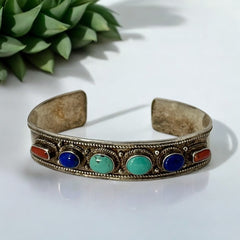 Vintage Sterling Silver Ethnic Cuff Bracelet | Turquoise, Lapis, Coral Cabochons
