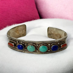 Vintage Sterling Silver Ethnic Cuff Bracelet | Turquoise, Lapis, Coral Cabochons