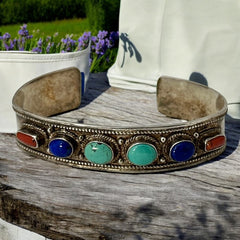 Vintage Sterling Silver Ethnic Cuff Bracelet | Turquoise, Lapis, Coral Cabochons