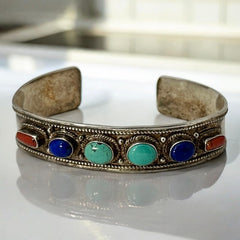 Vintage Sterling Silver Ethnic Cuff Bracelet | Turquoise, Lapis, Coral Cabochons