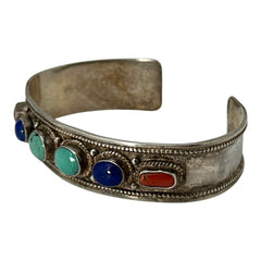 Vintage Sterling Silver Ethnic Cuff Bracelet | Turquoise, Lapis, Coral Cabochons