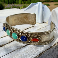 Vintage Sterling Silver Ethnic Cuff Bracelet | Turquoise, Lapis, Coral Cabochons