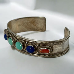 Vintage Sterling Silver Ethnic Cuff Bracelet | Turquoise, Lapis, Coral Cabochons