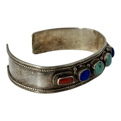 Vintage Sterling Silver Ethnic Cuff Bracelet | Turquoise, Lapis, Coral Cabochons