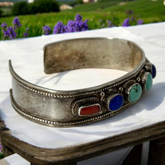 Vintage Sterling Silver Ethnic Cuff Bracelet | Turquoise, Lapis, Coral Cabochons