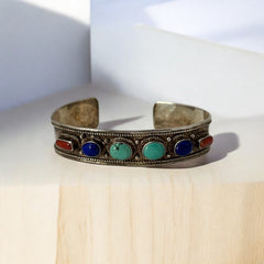 Vintage Sterling Silver Ethnic Cuff Bracelet | Turquoise, Lapis, Coral Cabochons