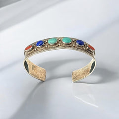 Vintage Sterling Silver Ethnic Cuff Bracelet | Turquoise, Lapis, Coral Cabochons