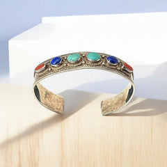 Vintage Sterling Silver Ethnic Cuff Bracelet | Turquoise, Lapis, Coral Cabochons