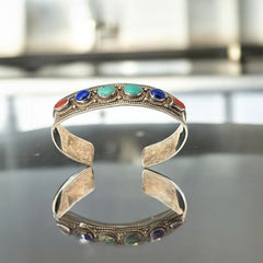 Vintage Sterling Silver Ethnic Cuff Bracelet | Turquoise, Lapis, Coral Cabochons