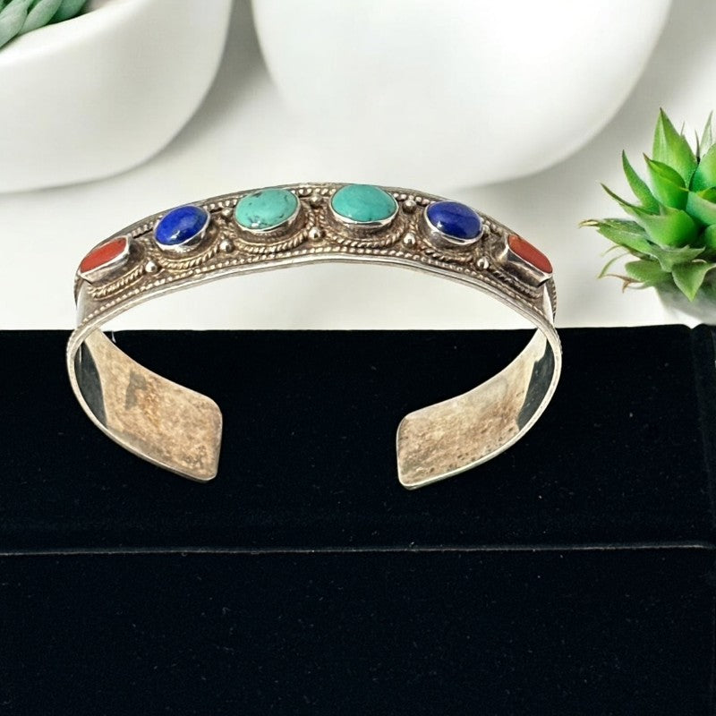 Vintage Sterling Silver Ethnic Cuff Bracelet | Turquoise, Lapis, Coral Cabochons