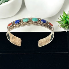 Vintage Sterling Silver Ethnic Cuff Bracelet | Turquoise, Lapis, Coral Cabochons