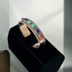 Vintage Sterling Silver Ethnic Cuff Bracelet | Turquoise, Lapis, Coral Cabochons