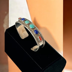 Vintage Sterling Silver Ethnic Cuff Bracelet | Turquoise, Lapis, Coral Cabochons