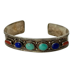 Vintage Sterling Silver Ethnic Cuff Bracelet | Turquoise, Lapis, Coral Cabochons