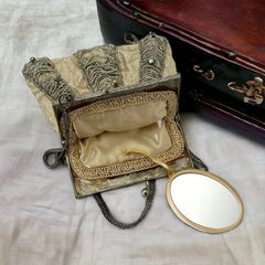 Antique 1910s/1920s Cream Silk Beaded Purse with Silver Glass Beads and Chatons Rhinestones, Ornate Filigree Frame | Evening Purse