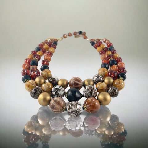 Vintage West Germany Brown & Gold Plastic Beads 3-Strand Necklace