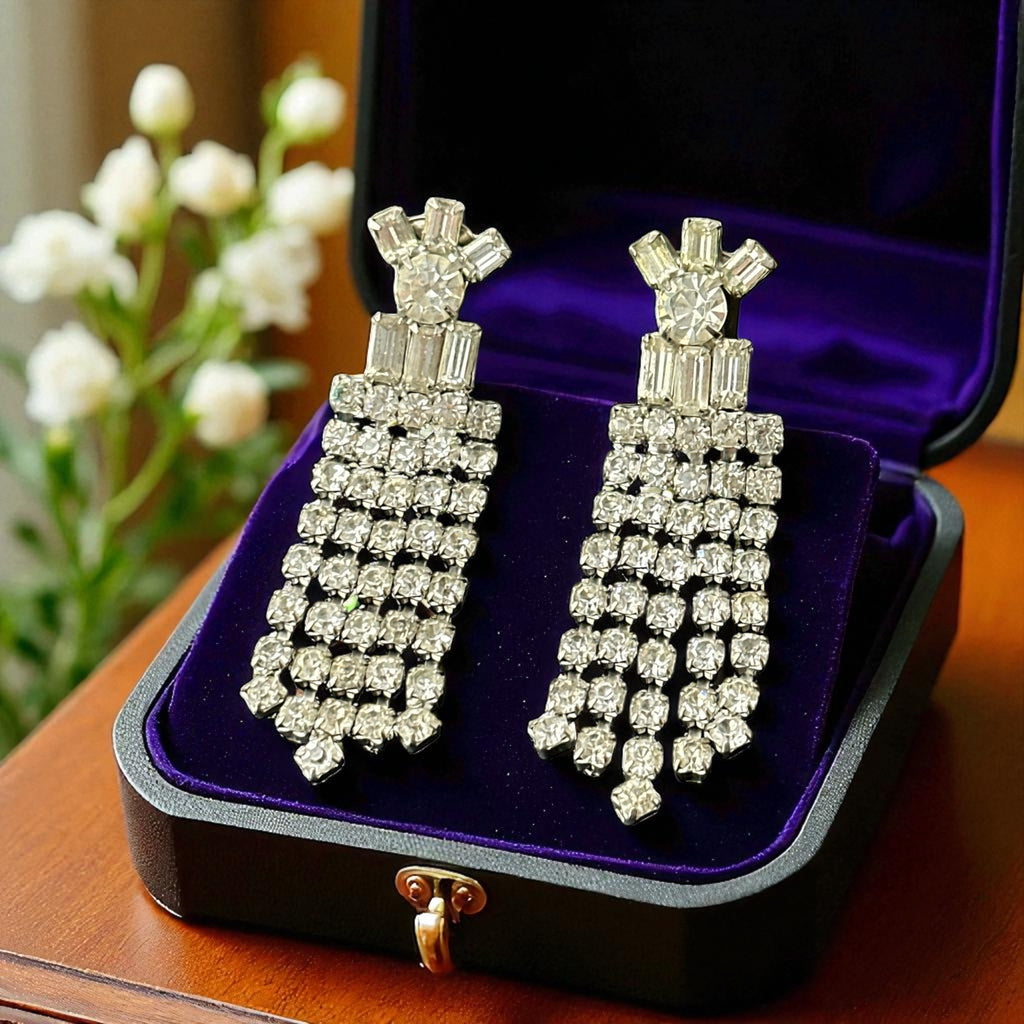 Vintage 1960s clip-on earrings with cascading clear rhinestone dangles, featuring chaton and baguette stones in a waterfall design